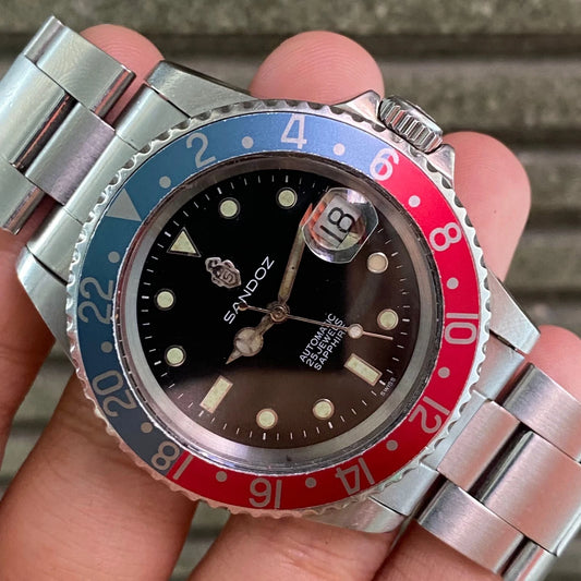 RARE Sandoz Diver Automatic Day Date Black Dial Pepsi Bezel Men Watch Diver