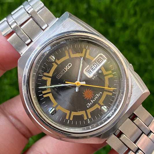 Rare Seiko Advan Automatic 6106-7550 Black Dial Faceted Glass Vintage Watch Men