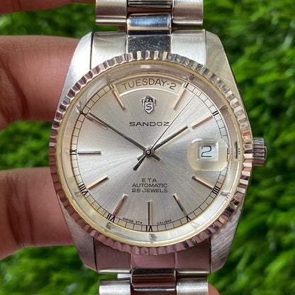 Rare Sandoz President ETA Automatic Day Date 25Jewels Swiss Watch Vintage Men JR