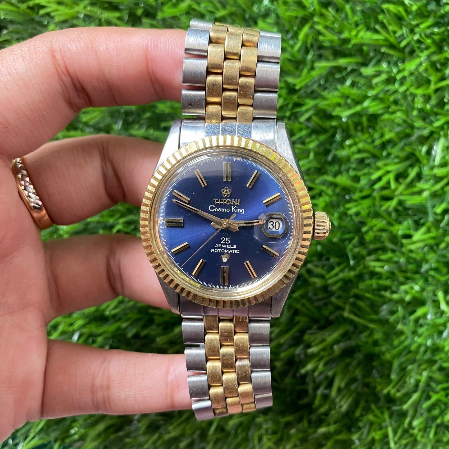 Rare Titoni Cosmo King Automatic Date 25 Jewels Blue Dial Two Tone Vintage Watch