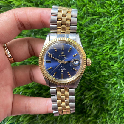 Rare Titoni Cosmo King Automatic Date 25 Jewels Blue Dial Two Tone Vintage Watch