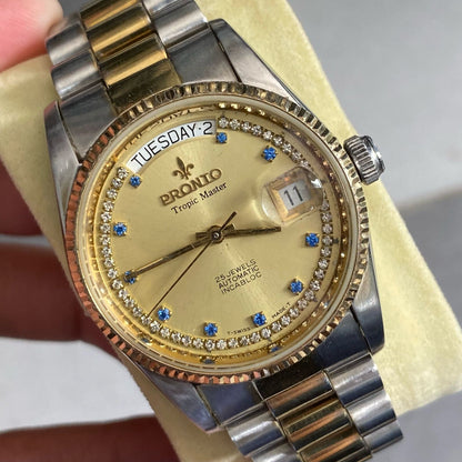 Rare Pronto Tropic Master President Automatic ETA Swiss Gold Dial 25J Vintage