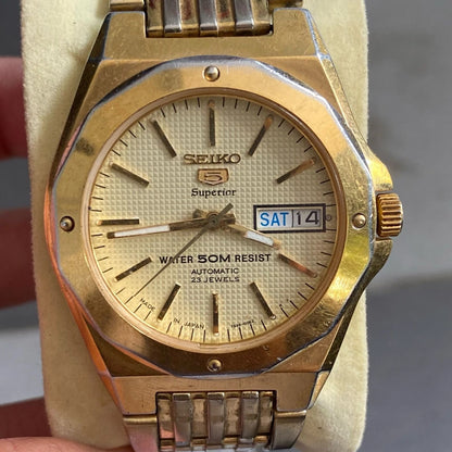 Rare Seiko 5 Superior SNZ388J1  Royal Oak Style Automatic Gold Watch Vintage Men