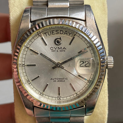 Rare Cyma President Day Date Automatic Silver Dial 25 J Swiss Watch Vintage Men