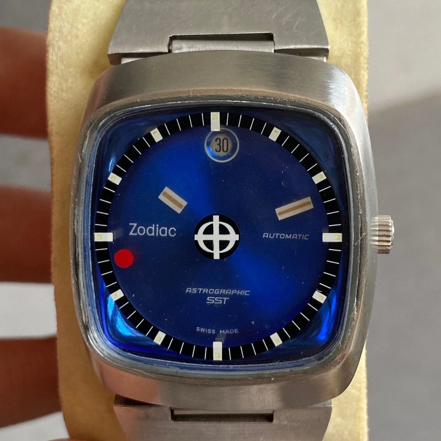 Rare Zodiac Astrographic SST Mystery Dial Blue Automatic Swiss Watch Vintage