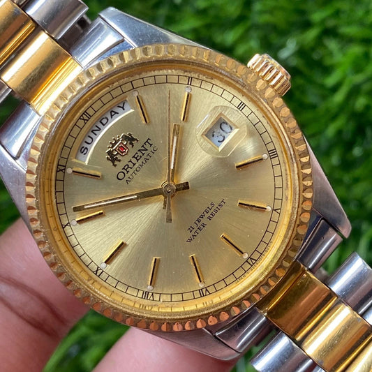 Rare Orient President 46E001-91 Automatic Day Date Two Tone Swiss Made Watch Men