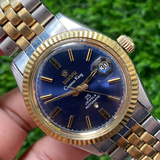 Rare Titoni Cosmo King Automatic Date 25 Jewels Blue Dial Two Tone Vintage Watch