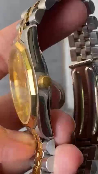 Rare Bulova Mack Quartz Day Date Gold Dial Hexagon Two Tone Watch Vintage Men