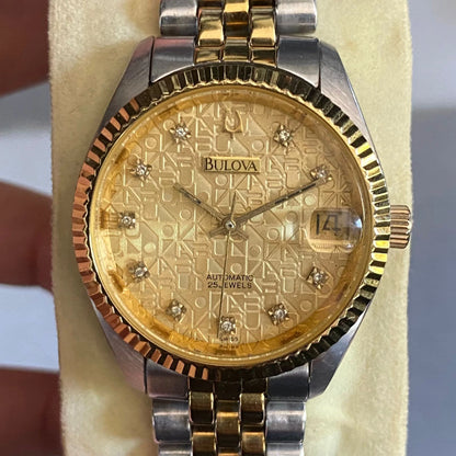 Rare Bulova Computer Dial Automatic Date Diamond Index Two Tone Boys Size Watch