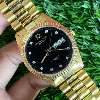 Rare Solvil et Titus Panther Automatic Day Date Index Diamond Black Dial Men