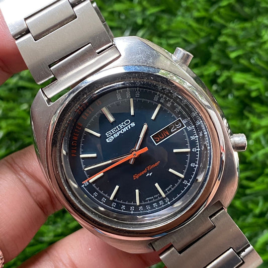 Rare Seiko 5 Speedtimer Automatic 7017-8000 Blue Dial Day Date Vintage Watch Men