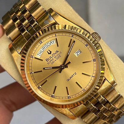 Rare Bulova President Super Seville Quartz Gold Dial Day Date Vintage Watch Men