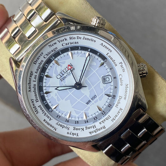 Rare Citizen WhiteHawk Eco Drive BJ9121-57A World Time Solar Vintage Men Watch