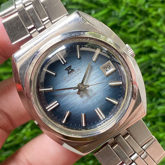 Rare Swiss Edox Silverhorn 200253 Automatic Blue Dial Sunburst Watch Swiss Men