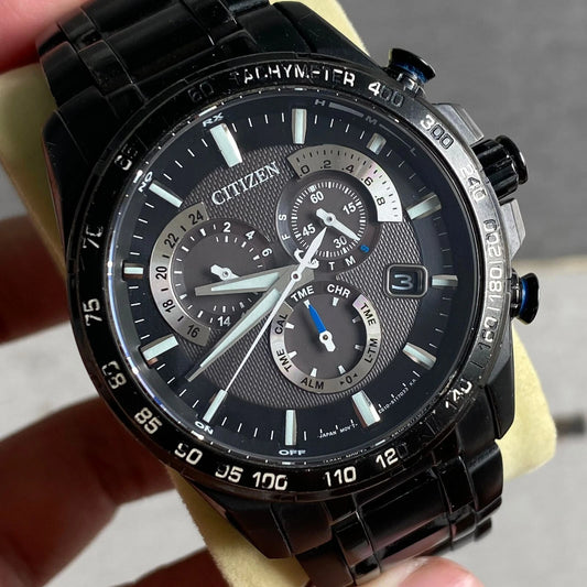 Rare Citizen Chronograph PAT3025-58E Eco Drive E610  Solar Black Dial Watch Men