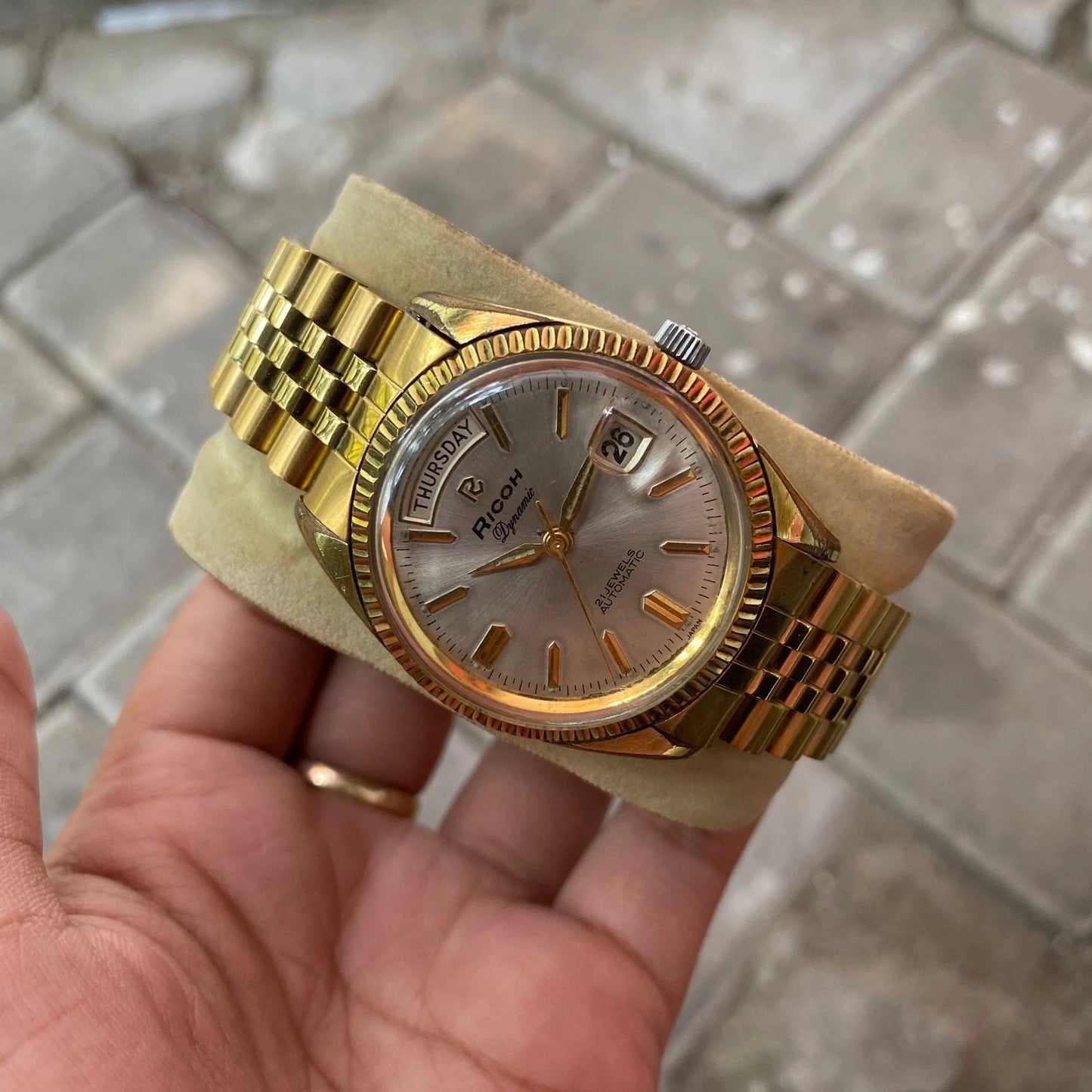 Rare Ricoh President Dynamic Gold Automatic 21 Jewels Day Date Vintage Watch Men