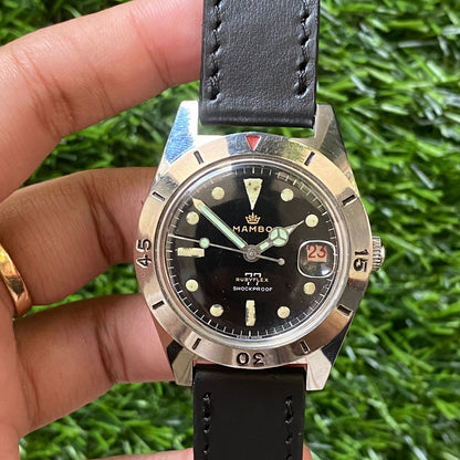 Rare Mamboo Rubyflex Quartz Shockproof Date Black Dial Vintage Swiss Watch Men