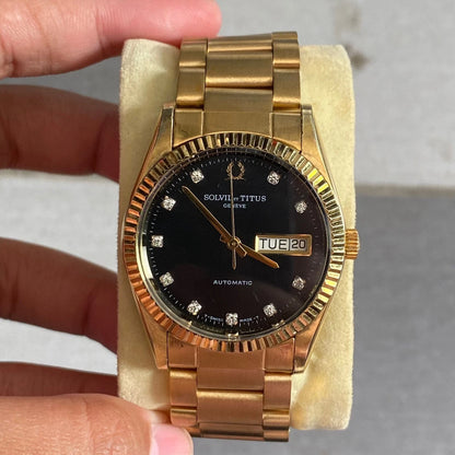 RARE Solvil et Titus Geneve Automatic Day Date Black Dial Diamond Index Watch