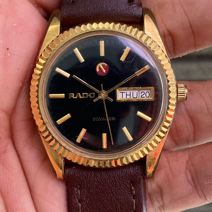 RARE Rado Voyager Day Date Black Dial Gold Automatic ETA Watch Vintage Swiss Men