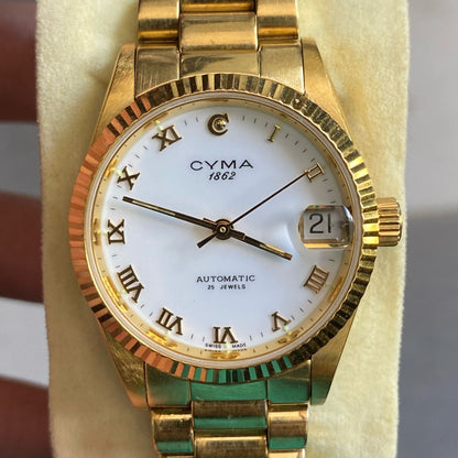 Rare Cyma Automatic Roman Index White Dial Gold Swiss Vintage Watch Boys Size