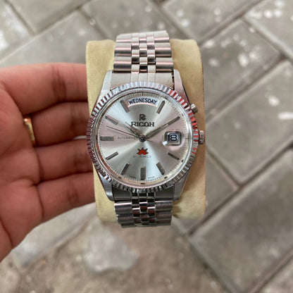 Rare Ricoh President Automatic Silver Dial Day Date Maple Leaf Vintage Watch Men