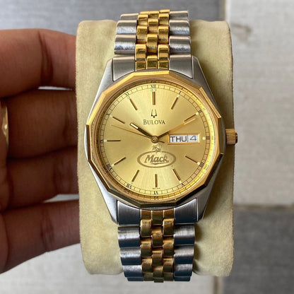 Rare Bulova Mack Quartz Day Date Gold Dial Hexagon Two Tone Watch Vintage Men