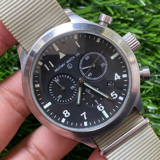 Rare Military Watch Co G10 MWC MK111 Black Dial Chronograph Nato Strap Watch JY