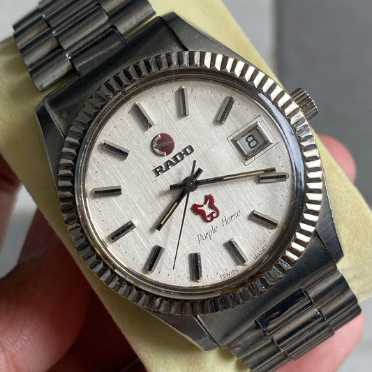 RARE Rado Purple Horse Silver Dial Fluted Bezel Automatic ETA Swiss Watch Men