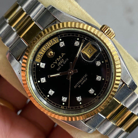 Rare Cyma President Diamond Index Two Tone Black Dial Automatic Swiss Watch Men