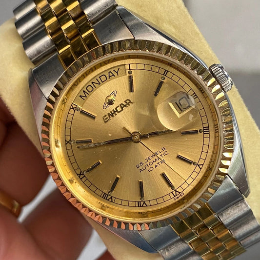 Rare Enicar President Automatic 25 jewes Gold Dial Two Tone Baton Vintage Watch