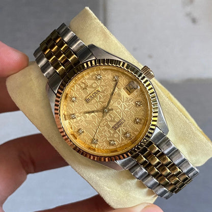 Rare Bulova Computer Dial Automatic Date Diamond Index Two Tone Boys Size Watch