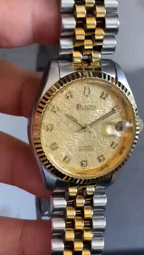 Rare Bulova Computer Dial Automatic Date Diamond Index Two Tone Boys Size Watch