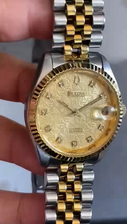 Rare Bulova Computer Dial Automatic Date Diamond Index Two Tone Boys Size Watch