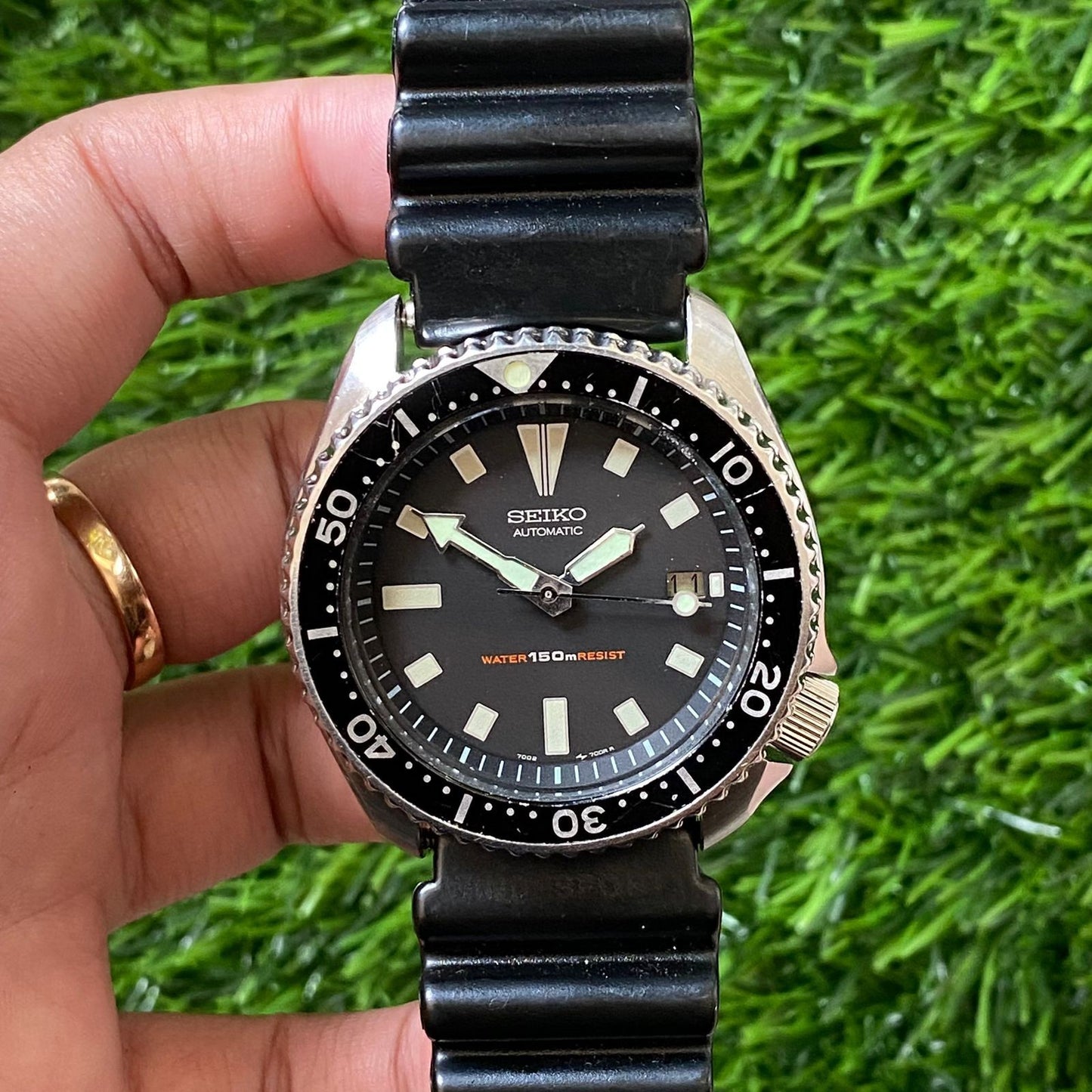 Rare Seiko Diver Automatic 7002-7000 Scuba Dial Black Bezel Date Watch Sport Men