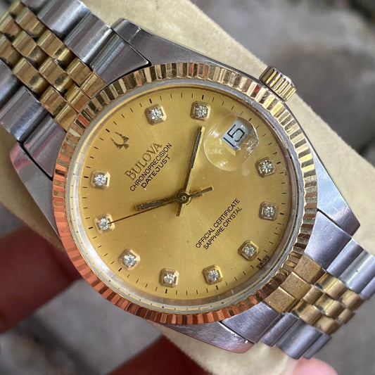Rare Bulova Chronoprecision Date Diamond Index Gold Dial Two Tone Watch Vintage