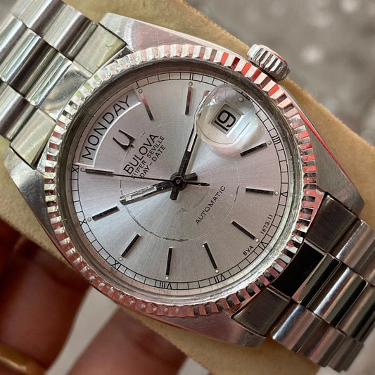 Rare Bulova President Super Seville Day Date Automatic Silver Vintage Watch Men