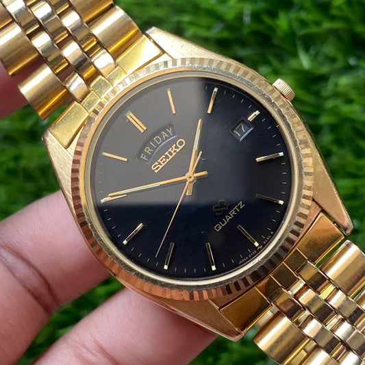 Rare Seiko Quartz SQ 5Y23-8A69 Black Dial Day Date Split Gold Vintage Watch Men