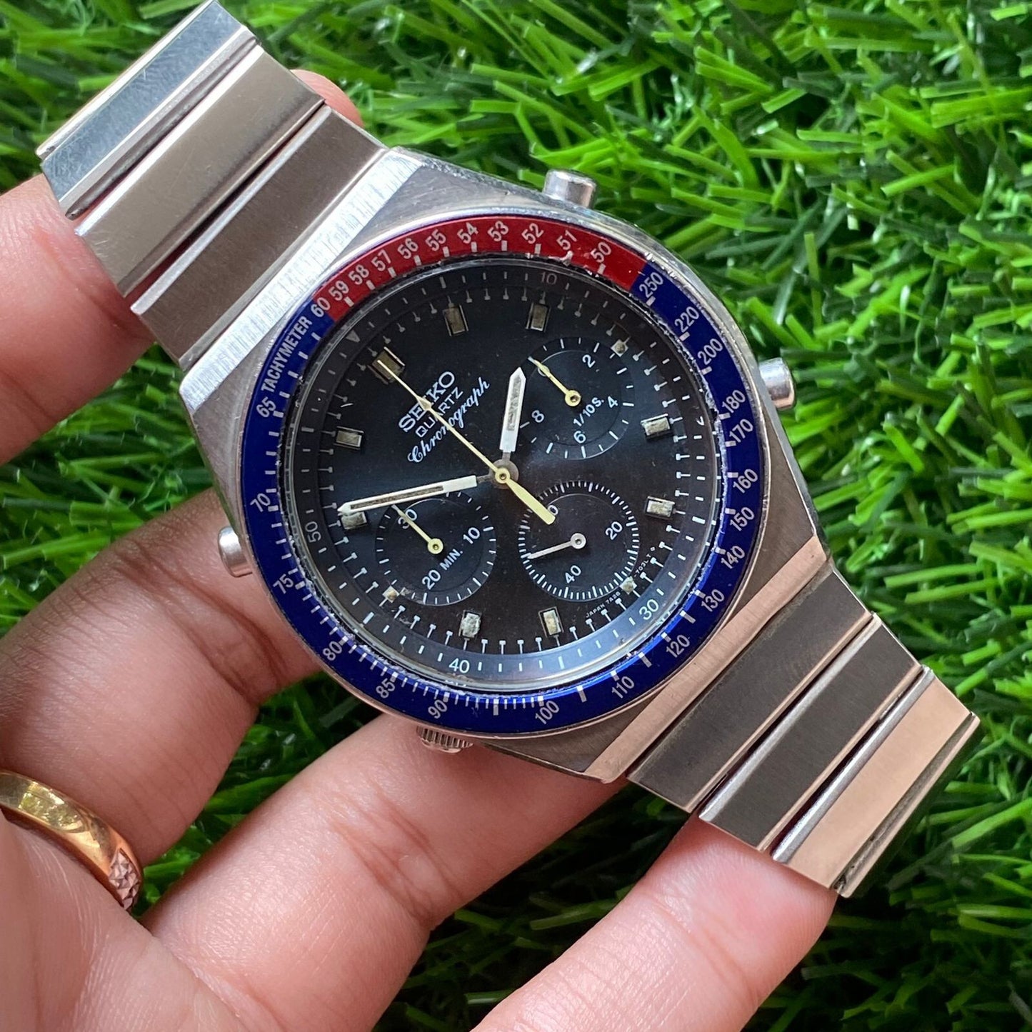 Rare Seiko Choronograph Quartz 7A28 Black Dial Pepsi Bezel Vintage Watch Men