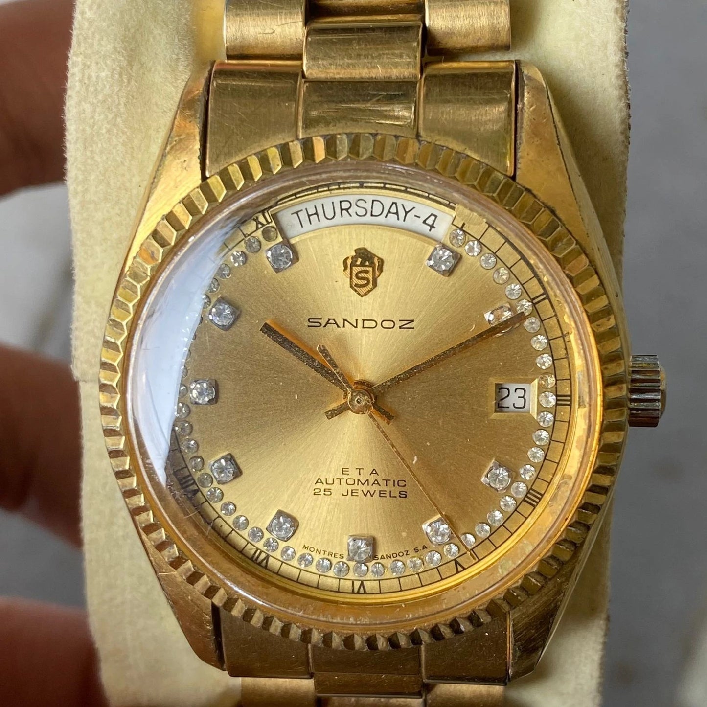 RARE Sandoz President Automatic Index Diamond Day Date Gold Swiss Made Watch
