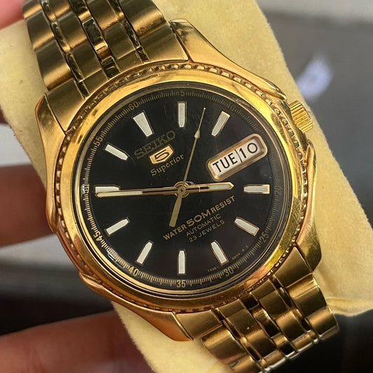 Rare Seiko 5 Superior SKZ058 Black Dial Automatic Gold Vintage Watch Men