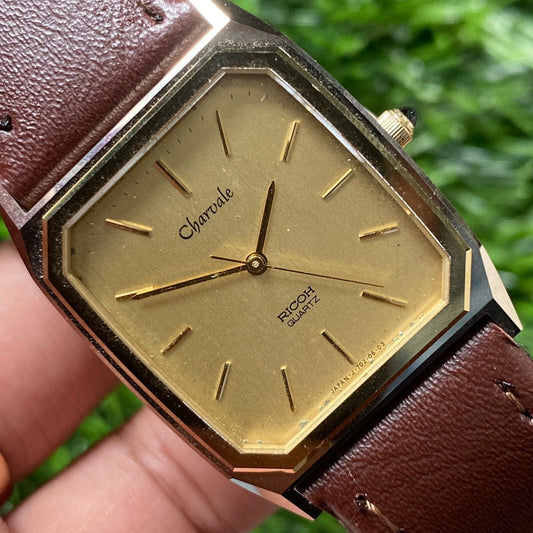 Rare Ricoh Charvale Quartz 702011 Tank Gold Dial Thungsten Dress Fashion Watch