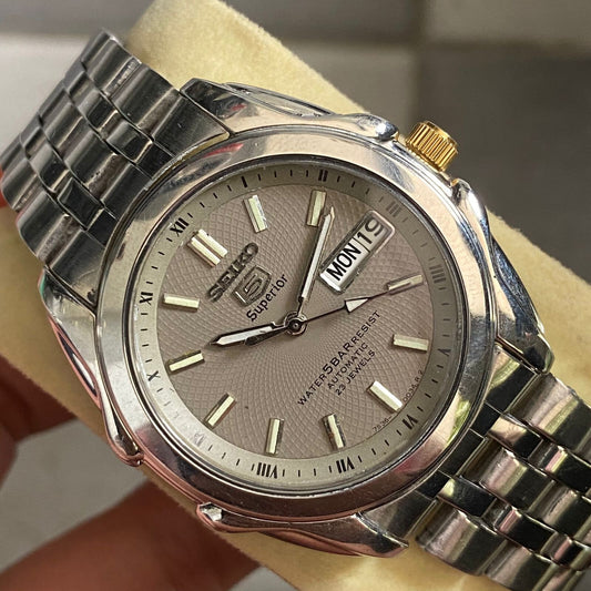 RARE Seiko Superior Automatic Gray Dial Whirlpool Day Date Vintage Men Watch