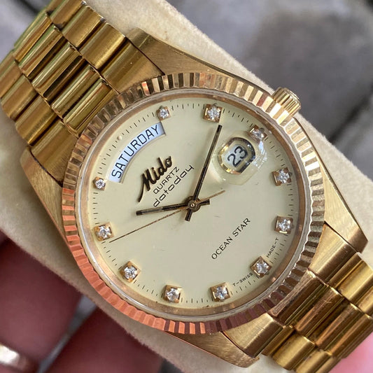 Rare Mido President Datoday Quartz Ocean Star DayDate Gold Diamond Vintage Watch