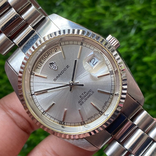 Rare Sandoz President ETA Automatic Day Date 25Jewels Swiss Watch Vintage Men JR