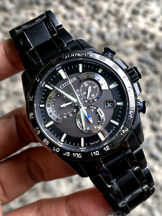 Rare Citizen Eco Drive AT3025-58E Chronograph  Solar Black Dial Watch Men