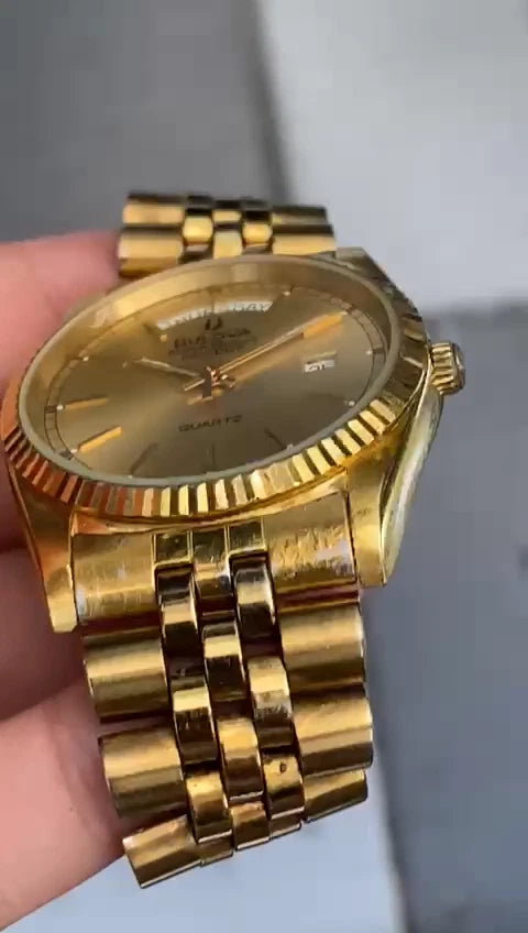 Rare Bulova President Super Seville Quartz Gold Dial Day Date Vintage Watch Men