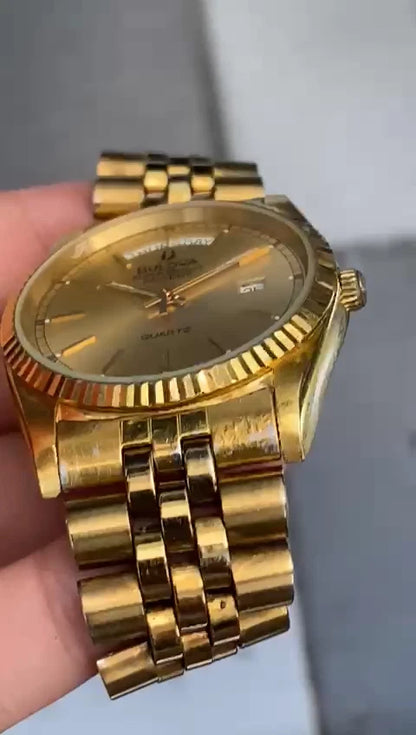 Rare Bulova President Super Seville Quartz Gold Dial Day Date Vintage Watch Men
