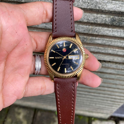 RARE Rado Voyager Day Date Black Dial Gold Automatic ETA Watch Vintage Swiss Men