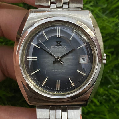 Rare Swiss Edox Silverhorn 200253 Automatic Blue Dial Sunburst Watch Swiss Men