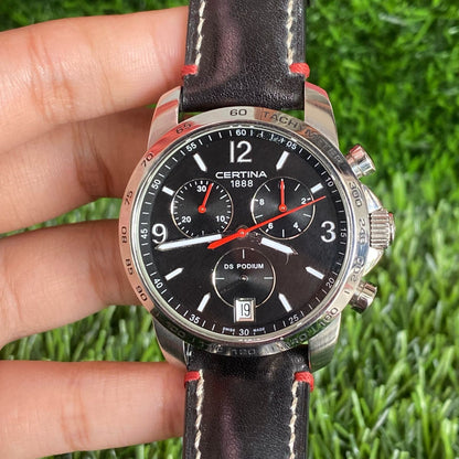 Rare Certina DS Podium Quartz Chronograph Black Dial Date Swiss Watch Men